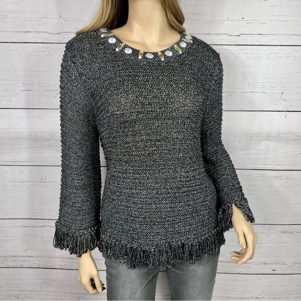 RUBY RD. Shimmery SIlver Heavy Knit Beaded Collar Sweater